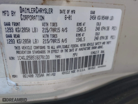 2001 Chrysler Voyager with VIN 1C4GJ25B51B278139, listed as a IAAI auction lot 41747571 with 84,688 mi miles. Bid and sale history available at carsss.com. Image 9.