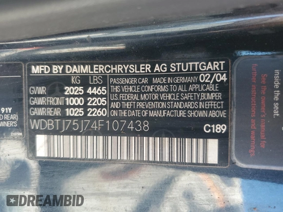 2004 Mercedes-Benz CLK 500 with VIN WDBTJ75J74F107438, listed as a Copart auction lot 46294475 with 149,566 mi miles and Clean title. Bid and sale history available at DreamBid. Image 12.