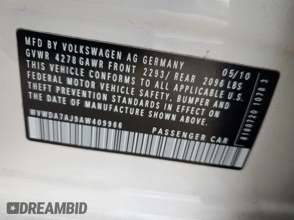 2010 Volkswagen Golf с VIN WVWDA7AJ9AW409966, выставлен на аукционе Copart как лот 45297375 с пробегом 153 550 миль миль и Списание • Salvage title. История ставок и продаж доступна на DreamBid. Изображение 12.