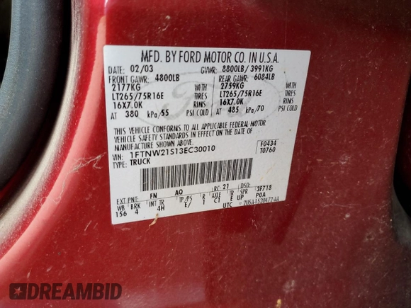 2003 Ford F-250 XL with VIN 1FTNW21S13EC30010, listed as a Copart auction lot 57105835 with Not provided miles and Salvage title. Bid and sale history available at DreamBid. Image 12.