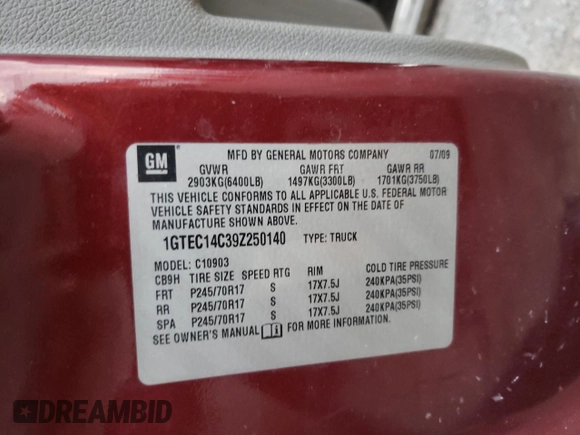2009 GMC Sierra 1500 Work Truck z VIN 1GTEC14C39Z250140, wystawiony jako Copart lot #80885504 z przebiegiem 177 991 mil mil oraz Szkoda całkowita • Salvage title. Historia ofert i sprzedaży dostępna na DreamBid. Obrazek 14.