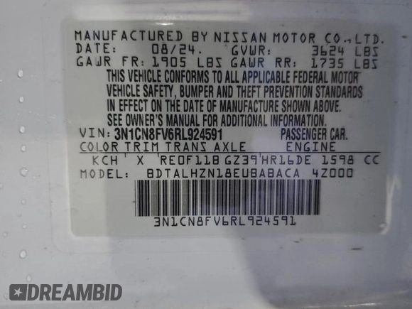 2024 Nissan Versa SR with VIN 3N1CN8FV6RL924591, listed as a Copart auction lot 58532785 with 1,651 mi miles and Salvage title. Bid and sale history available at DreamBid. Image 12.