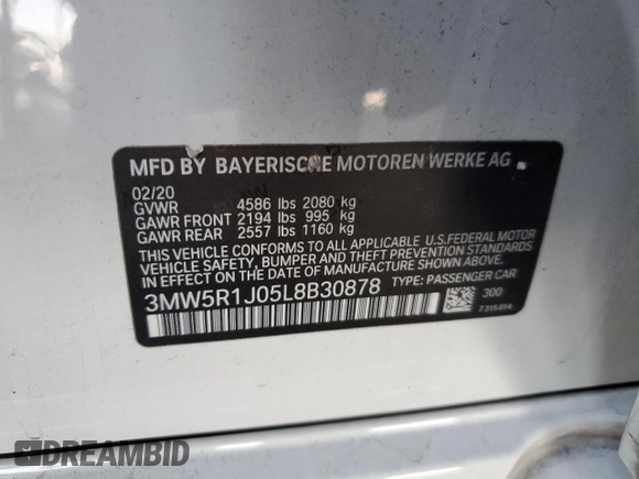 2020 BMW 3 Series 330i with VIN 3MW5R1J05L8B30878, listed as a Copart auction lot 47794935 with 68,108 mi miles and Salvage Title. Bid and sale history available at carsss.com. Image 14.
