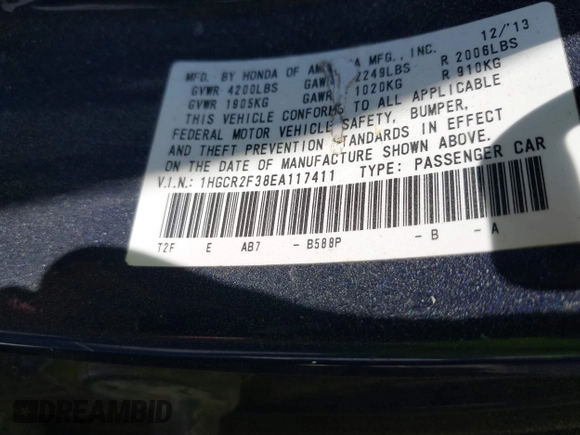 2014 Honda Accord Sedan LX with VIN 1HGCR2F38EA117411, listed as a IAAI auction lot 41660749 with 155,140 mi miles. Bid and sale history available at carsss.com. Image 9.