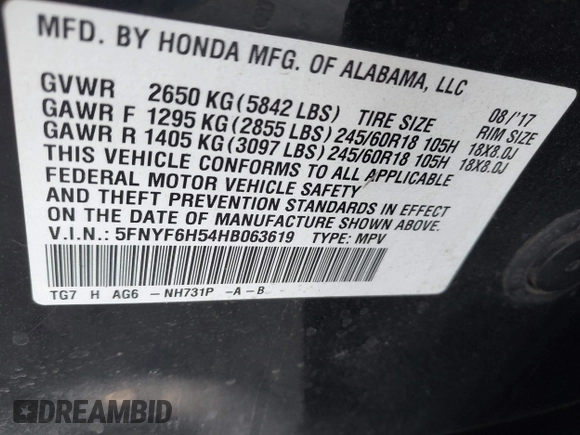 2017 Honda Pilot EX-L with VIN 5FNYF6H54HB063619, listed as a IAAI auction lot 41545415 with Not Provided miles and . Bid and sale history available at DreamBid. Image 9.