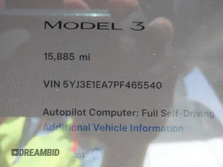 2023 Tesla Model 3 z VIN 5YJ3E1EA7PF465540, wystawiony jako IAAI lot #42261848 z przebiegiem 15 885 mil mil oraz . Historia ofert i sprzedaży dostępna na DreamBid. Obrazek 7.