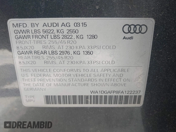 2015 Audi Q5 Premium Plus с VIN WA1DGAFP8FA122237, выставлен на аукционе IAAI как лот 42547840 с пробегом 138 245 миль миль и . История ставок и продаж доступна на DreamBid. Изображение 9.