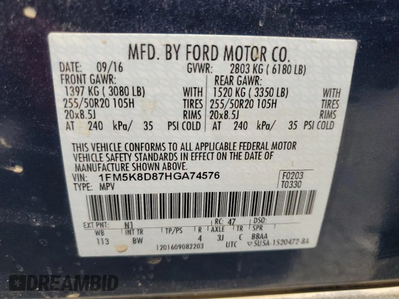 2017 Ford Explorer XLT with VIN 1FM5K8D87HGA74576, listed as a Copart auction lot 52986425 with Not Provided miles and Salvage Title. Bid and sale history available at DreamBid. Image 15.