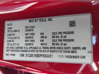 2023 Tesla Model 3 Long Range with VIN 5YJ3E1EBXPF603421, listed as a IAAI auction lot 42105037 with 13,186 mi miles and . Bid and sale history available at DreamBid. Image 9.