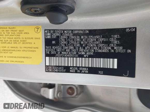 2004 Toyota Highlander с VIN JTEEP21A040055165, выставлен на аукционе IAAI как лот 42346273 с пробегом 198 565 миль миль и . История ставок и продаж доступна на DreamBid. Изображение 9.