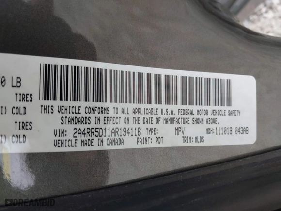 2010 Chrysler Town & Country Touring with VIN 2A4RR5D11AR194116, listed as a IAAI auction lot 42025043 with 197,826 mi miles. Bid and sale history available at carsss.com. Image 9.