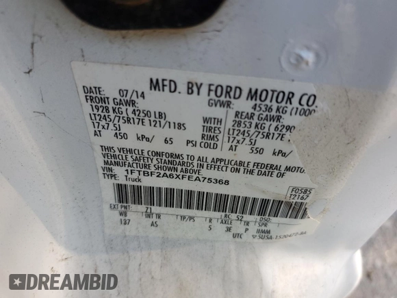 2015 Ford Super Duty F-250 SRW XL with VIN 1FTBF2A6XFEA75368, listed as a Copart auction lot 79746714 with 90,714 mi miles and Clean Title. Bid and sale history available at carsss.com. Image 12.