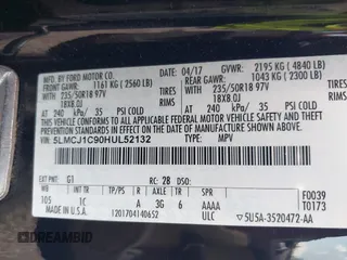 2017 Lincoln MKC Premiere with VIN 5LMCJ1C90HUL52132, listed as a IAAI auction lot 42611380 with 141,981 mi miles and . Bid and sale history available at DreamBid. Image 9.