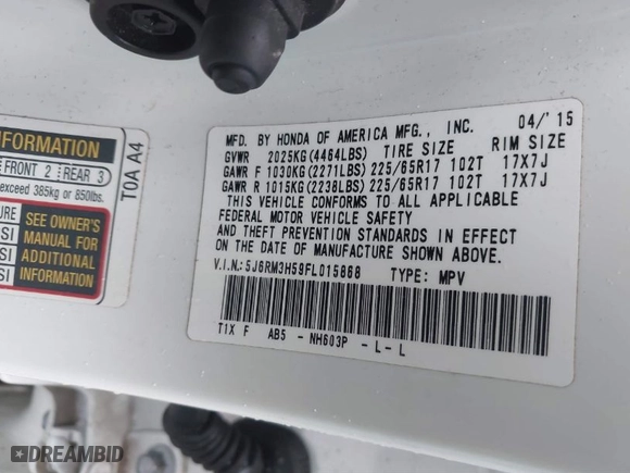 2015 Honda CR-V EX with VIN 5J6RM3H59FL015868, listed as a IAAI auction lot 41900714 with 116,001 mi miles. Bid and sale history available at carsss.com. Image 9.