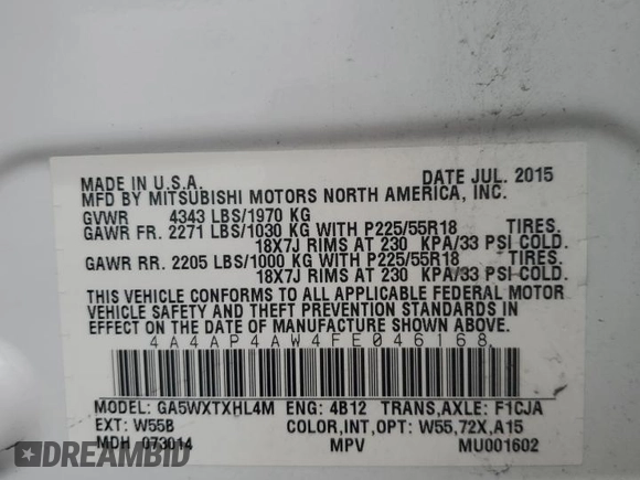 2015 Mitsubishi Outlander GT with VIN 4A4AP4AW4FE046168, listed as a Copart auction lot 59906755 with 176,086 mi miles and Clean title. Bid and sale history available at DreamBid. Image 13.