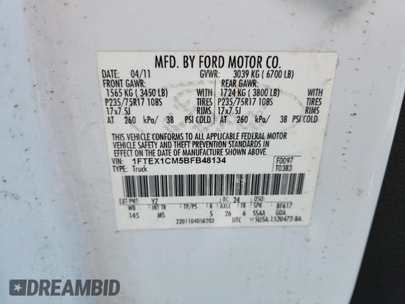 2011 Ford F-150 XL with VIN 1FTEX1CM5BFB48134, listed as a Copart auction lot 63298945 with 218,595 mi miles and Salvage title. Bid and sale history available at DreamBid. Image 12.