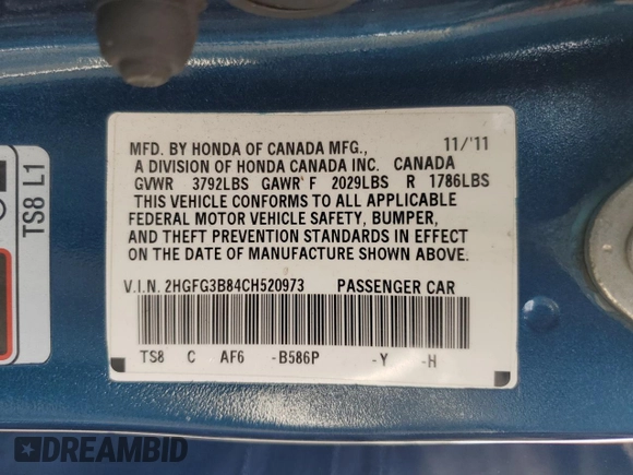 2012 Honda Civic Cpe EX with VIN 2HGFG3B84CH520973, listed as a Copart auction lot 73484514 with 179,990 mi miles and Salvage Title. Bid and sale history available at carsss.com. Image 15.