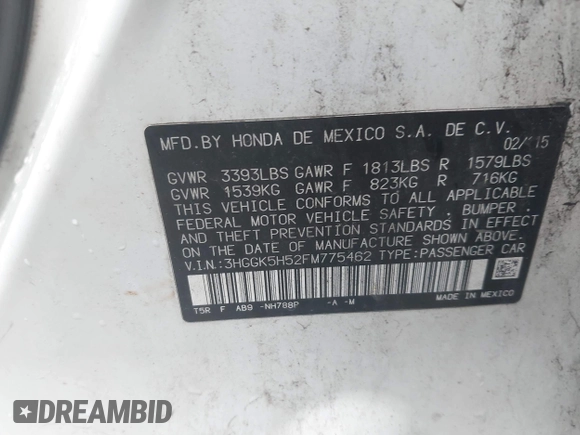 2015 Honda Fit LX with VIN 3HGGK5H52FM775462, listed as a IAAI auction lot 42549634 with 167,391 mi miles and . Bid and sale history available at DreamBid. Image 9.