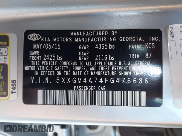 2015 Kia Optima LX z VIN 5XXGM4A74FG476636, wystawiony jako IAAI lot #41242478 z przebiegiem Nie podano mil oraz . Historia ofert i sprzedaży dostępna na DreamBid. Obrazek 9.