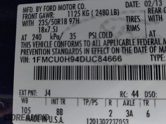 2013 Ford Escape SEL with VIN 1FMCU0H94DUC84666, listed as a IAAI auction lot 42001644 with 165,269 mi miles. Bid and sale history available at carsss.com. Image 9.