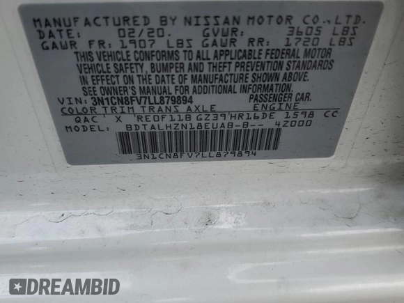 2020 Nissan Versa SR with VIN 3N1CN8FV7LL879894, listed as a Copart auction lot 60088705 with 12,463 mi miles and Salvage title. Bid and sale history available at DreamBid. Image 12.