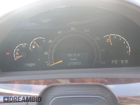 2001 Mercedes-Benz S-Class with VIN WDBNG75J11A162631, listed as a Copart auction lot 52103705 with 215,870 mi miles and Salvage Title. Bid and sale history available at carsss.com. Image 9.
