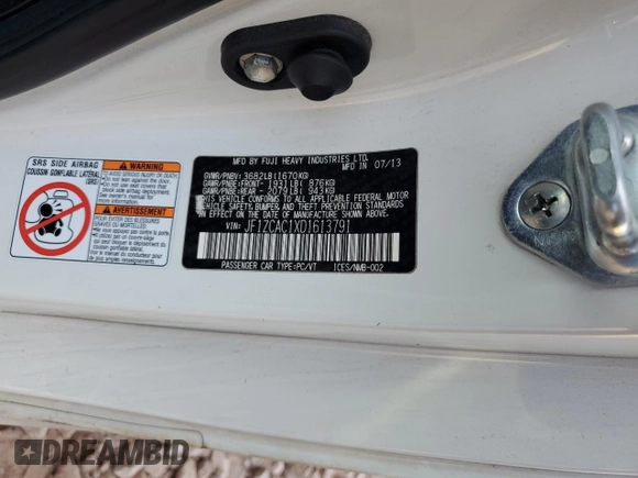 2013 Subaru BRZ Limited with VIN JF1ZCAC1XD1613791, listed as a Copart auction lot 52211535 with 118,045 mi miles and Salvage Title. Bid and sale history available at carsss.com. Image 12.