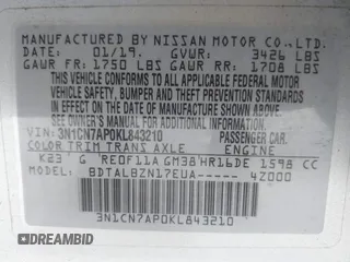 2019 Nissan Versa SV z VIN 3N1CN7AP0KL843210, wystawiony jako IAAI lot #42153678 z przebiegiem 94 408 mil mil oraz . Historia ofert i sprzedaży dostępna na DreamBid. Obrazek 9.
