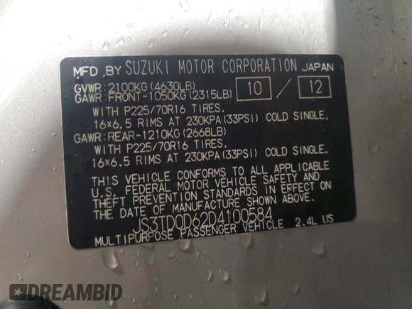 2013 Suzuki Grand Vitara Premium with VIN JS3TD0D62D4100584, listed as a Copart auction lot 88744415 with 108,551 mi miles and Clean title. Bid and sale history available at DreamBid. Image 13.