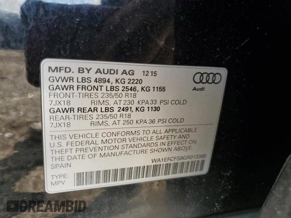 2016 Audi Q3 Premium Plus with VIN WA1EFCFS9GR013389, listed as a Copart auction lot 50826175 with 70,716 mi miles and Salvage title. Bid and sale history available at DreamBid. Image 13.