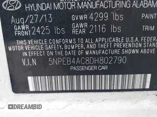 2013 Hyundai Sonata GLS with VIN 5NPEB4AC8DH802790, listed as a IAAI auction lot 42193414 with 198,592 mi miles and . Bid and sale history available at carsss.com. Image 9.