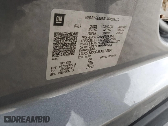 2020 GMC Yukon SLT with VIN 1GKS1BKC4LR128383, listed as a Copart auction lot 85205084 with Not Provided miles and Salvage Title. Bid and sale history available at DreamBid. Image 14.