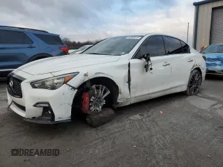 2021 Infiniti Q50 Red Sport 400 with VIN JN1FV7DR6MM880247, listed as a Copart auction lot 85883514 with 85,044 mi miles and Salvage Title. Bid and sale history available at carsss.com. Image 1.