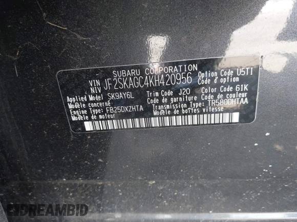 2019 Subaru Forester Premium with VIN JF2SKAGC4KH420956, listed as a IAAI auction lot 42244868 with 88,998 mi miles and . Bid and sale history available at DreamBid. Image 9.