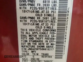 2006 Nissan Murano SL с VIN JN8AZ08T56W418217, выставлен на аукционе Copart как лот 57130025 с пробегом 189 685 миль миль и Списание • Salvage title. История ставок и продаж доступна на DreamBid. Изображение 13.