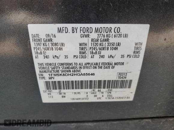2017 Ford Explorer XLT с VIN 1FM5K8DH2HGA85646, выставлен на аукционе Copart как лот 59080105 с пробегом 160 074 миль миль и Списание • Salvage title. История ставок и продаж доступна на DreamBid. Изображение 14.