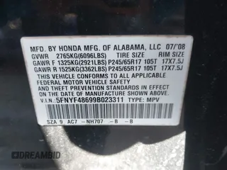 2009 Honda Pilot EX-L with VIN 5FNYF48699B023311, listed as a IAAI auction lot 41981928 with Not Provided miles and . Bid and sale history available at carsss.com. Image 9.