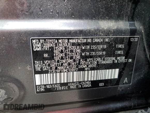 2021 Toyota RAV4 XLE Premium with VIN 2T3C1RFV9MC109917, listed as a Copart auction lot 58594335 with 64,995 mi miles and Salvage title. Bid and sale history available at DreamBid. Image 14.