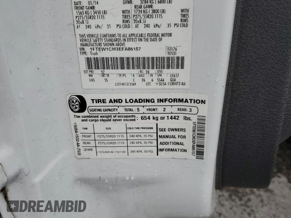 2014 Ford F-150 XL with VIN 1FTEW1CM3EFA86157, listed as a Copart auction lot 61084245 with 416,688 mi miles and Salvage title. Bid and sale history available at DreamBid. Image 12.
