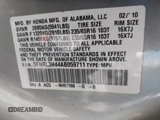 2010 Honda Odyssey EX with VIN 5FNRL3H44AB059711, listed as a IAAI auction lot 42057760 with 225,486 mi miles and . Bid and sale history available at DreamBid. Image 9.