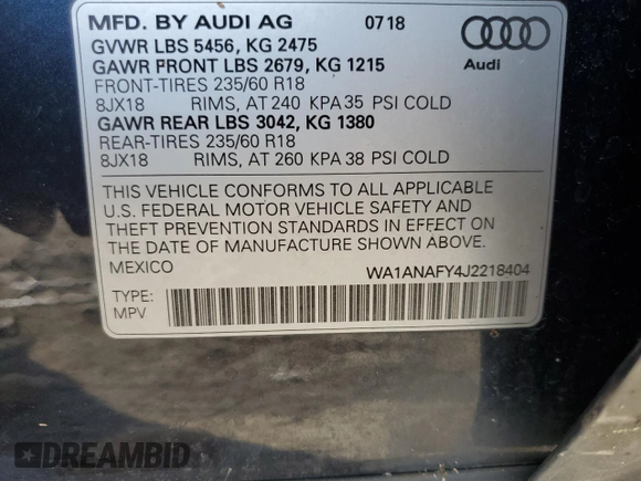2018 Audi Q5 Premium with VIN WA1ANAFY4J2218404, listed as a Copart auction lot 60293695 with 80,767 mi miles and Salvage title. Bid and sale history available at DreamBid. Image 13.