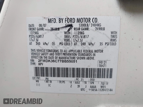 2007 Ford Edge SE z VIN 2FMDK36C77BB55051, wystawiony jako IAAI lot #42022217 z przebiegiem 202 186 mil mil oraz . Historia ofert i sprzedaży dostępna na DreamBid. Obrazek 9.