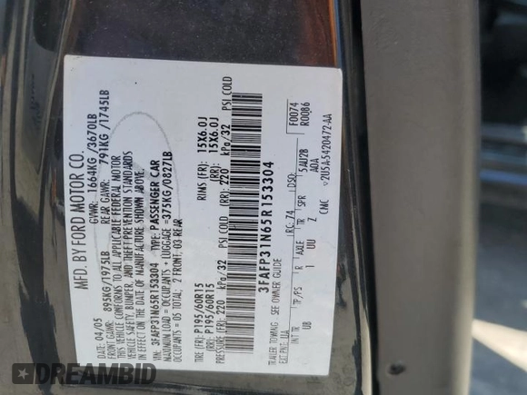 2005 Ford Focus S z VIN 3FAFP31N65R153304, wystawiony jako Copart lot #54253215 z przebiegiem 148 707 mil mil oraz Szkoda całkowita • Salvage title. Historia ofert i sprzedaży dostępna na DreamBid. Obrazek 12.