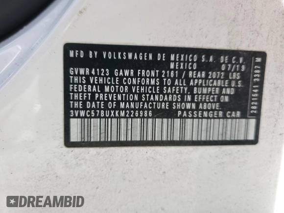 2019 Volkswagen Jetta S with VIN 3VWC57BUXKM226986, listed as a Copart auction lot 75985904 with 61,922 mi miles and Non repairable. Bid and sale history available at DreamBid. Image 14.