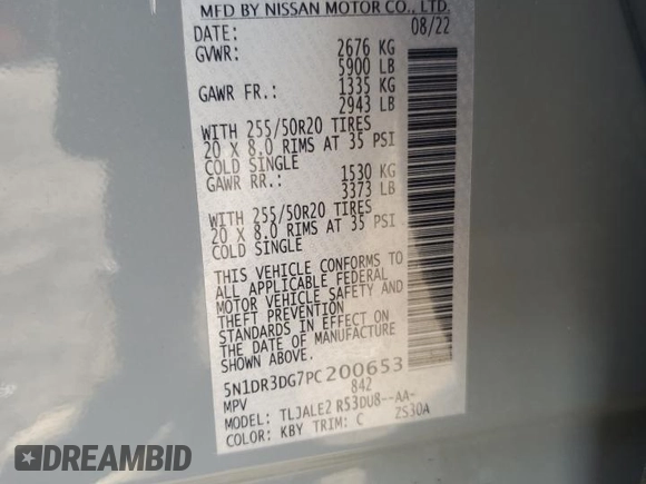 2023 Nissan Pathfinder Platinum with VIN 5N1DR3DG7PC200653, listed as a Copart auction lot 43285105 with 17,007 mi miles and Salvage title. Bid and sale history available at DreamBid. Image 15.