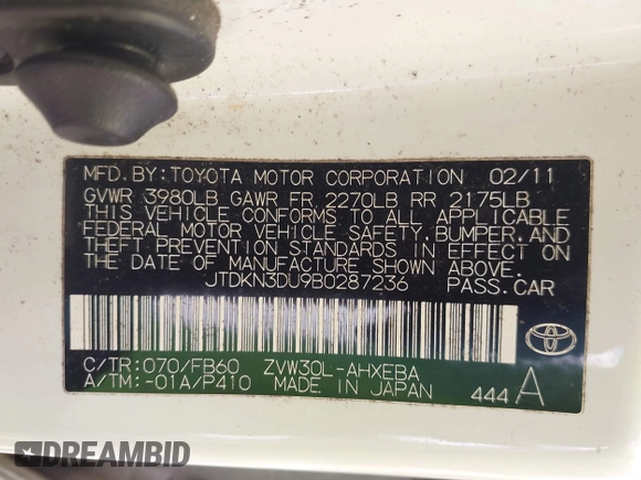 2011 Toyota Prius I with VIN JTDKN3DU9B0287236, listed as a IAAI auction lot 41607824 with 211,584 mi miles and . Bid and sale history available at DreamBid. Image 9.