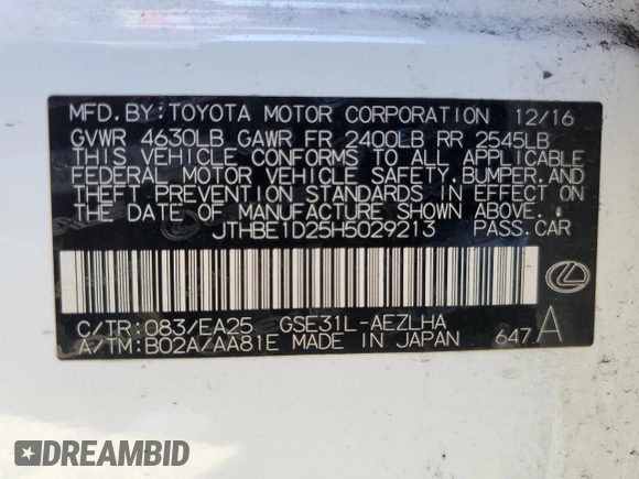 2017 Lexus IS 350 with VIN JTHBE1D25H5029213, listed as a Copart auction lot 50107804 with 62,212 mi miles and Clean Title. Bid and sale history available at DreamBid. Image 12.