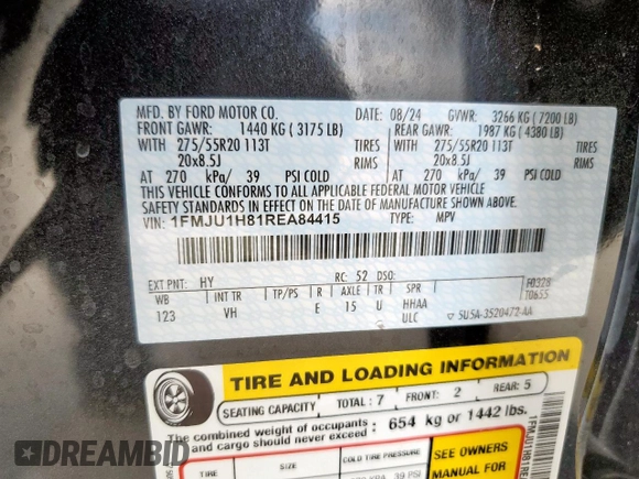 2024 Ford Expedition XLT with VIN 1FMJU1H81REA84415, listed as a Copart auction lot 55131825 with 3,389 mi miles and Salvage title. Bid and sale history available at DreamBid. Image 14.