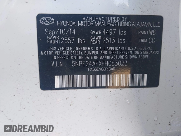 2015 Hyundai Sonata SE with VIN 5NPE24AFXFH083023, listed as a IAAI auction lot 41428991 with 55,288 mi miles and . Bid and sale history available at DreamBid. Image 9.