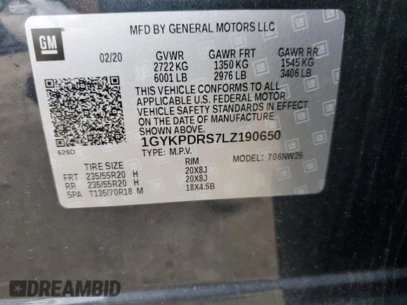 2020 Cadillac XT6 AWD Premium Luxury with VIN 1GYKPDRS7LZ190650, listed as a Copart auction lot 47285595 with 62,211 mi miles and Salvage Title. Bid and sale history available at DreamBid. Image 14.